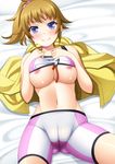  areolae bad_vulva bare_shoulders bed_sheet between_breasts bike_shorts blue_eyes blush breasts brown_hair cameltoe covered_nipples gundam gundam_build_fighters gundam_build_fighters_try hoshino_fumina large_breasts lying md5_mismatch narutaki_shin on_back ponytail shirt_lift smile solo sports_bra wire_cutters 