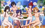  5girls ahoge areolae beach black_hair blue_hair blush breasts brown_hair chair cloud doughnut drink drinking_straw female food glass hand_holding hand_on_hip imai_midori legs long_hair low_twintails miyamori_aoi multiple_girls navel nipples nude nude_filter ocean official_art one_eye_closed open_mouth palm_tree photoshop plate ponytail pool poolside pussy red_hair sakaki_shizuka sandals satou_youko shirobako short_hair side_ponytail sitting sky smile sweets table text thighs toudou_misa tree twintails uncensored water wink yasuhara_ema 