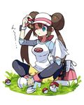  ;( bag black_legwear blue_eyes bow bracelet brown_hair butterfly_sitting dadadanoda double_bun glint handbag jewelry long_hair mei_(pokemon) on_grass pantyhose poke_ball pokemon pokemon_(game) pokemon_bw2 raglan_sleeves shoes shorts sneakers solo twintails visor_cap 