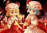  :d artist_name ascot bat_wings blonde_hair blue_hair candle flandre_scarlet hat looking_at_viewer mob_cap multiple_girls open_mouth red_eyes remilia_scarlet ribbon-trimmed_headwear ribbon_trim short_hair signature smile touhou villyane wings wrist_cuffs 