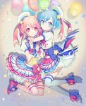  1girl akira_hou bad_id bad_pixiv_id balloon blue_eyes blue_hair bow brother_and_sister dorothy_west dress hat high_heels hug leona_west looking_at_viewer multiple_girls otoko_no_ko pretty_(series) pripara puffy_sleeves red_eyes red_hair short_hair short_sleeves siblings thigh_strap thighhighs twins wrist_cuffs 