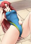  alternate_costume bare_legs blush breasts competition_swimsuit covered_navel dakara_boku_wa_h_ga_dekinai fuuma_nagi lisara_restall long_hair lying medium_breasts on_back one-piece_swimsuit open_mouth red_eyes red_hair solo spread_legs swimsuit very_long_hair 