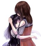  black_hair blush brown_eyes brown_hair fatal_frame fatal_frame_5 hand_on_another's_head highres hug kozukata_yuuri long_hair multiple_girls shirt short_hair short_sleeves suzushiro_yukari thigh_strap uno_yurine white_background yuri 