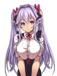  breast_squeeze breasts eyebrows hair_ribbon horns houtengeki jpeg_artifacts large_breasts looking_at_viewer maid original pointy_ears purple_eyes purple_hair ribbon solo twintails upper_body 