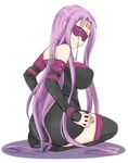  ass bare_shoulders black_legwear blindfold breasts collar facing_viewer fate/stay_night fate_(series) large_breasts long_hair purple_eyes purple_hair rider simple_background smile solo thighhighs thighs white_background zanku 