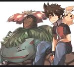  black_gloves brown_eyes brown_hair dyson_(edaokunnsaikouya) fingerless_gloves gen_1_pokemon gloves letterboxed male_focus no_hat no_headwear on_shoulder pikachu pokemon pokemon_(creature) pokemon_special red_(pokemon) sitting venusaur white_background 