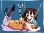  1girl ;) arm_support ass backpack bag bangs between_breasts black_footwear blue_background blue_gloves blush boots breast_rest breasts brown_hair butano_(star-dust_boxxx) buttons cleavage clenched_hand coat covering covering_mouth diane_(nanatsu_no_taizai) elbow_gloves embarrassed faceless faceless_male facepalm fingerless_gloves frame from_side full-face_blush full_body giantess glint gloves hands_on_own_face holding holding_hair hood hood_down king_(nanatsu_no_taizai) knee_boots large_breasts legs_together legs_up leotard light_smile long_hair long_sleeves lying nanatsu_no_taizai naughty_face on_stomach one_eye_closed orange_leotard polearm puffy_short_sleeves puffy_sleeves purple_eyes shadow short_hair short_sleeves simple_background single_elbow_glove single_glove size_difference smile spear standing steam sweatdrop tattoo thighs translated twintails weapon 
