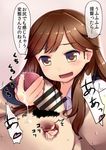  1girl anal_fingering arashio_(kantai_collection) bar_censor blush brown_eyes brown_hair censored clothed_female_nude_male cum femdom fingering gigokku handjob hetero highres kantai_collection long_hair nude open_mouth penis prostate_milking school_uniform smile solo_focus suspenders translated 