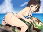  ass bad_id bad_pixiv_id bikini blush breasts brown_hair cloud day girls_und_panzer green_eyes hat highres inflatable_toy looking_at_viewer mauko_(girls_und_panzer) medium_breasts nksk open_mouth short_hair side-tie_bikini sideboob sky solo strap_gap string_bikini striped striped_bikini swimsuit 