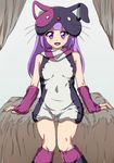  :d aikatsu! aikatsu!_(series) animal_costume arm_support bad_id bad_pixiv_id bangs bare_shoulders blunt_bangs blush cat_costume commentary_request covered_navel elbow_gloves fingerless_gloves gloves happy hikami_sumire long_hair looking_at_viewer open_mouth purple_eyes purple_hair rikku04 short_jumpsuit sitting smile solo 