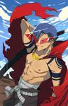  bandages belt blue_hair blue_sky cape cloud day kamina kamina_shades male_focus poiizu sarashi sheath sheathed shirtless sky smile solo sword tattoo tengen_toppa_gurren_lagann weapon 