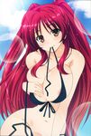  1girl areola_slip areolae bare_shoulders bikini bikini_top blush breast_squeeze breasts brown_eyes collarbone huge_breasts izumi_mahiru kousaka_tamaki long_hair looking_at_viewer mouth_hold navel red_hair simple_background smile solo sunlight sweat swimsuit to_heart_2 twintails 