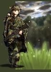  absurdres assault_rifle blonde_hair blue_eyes boonie_hat boots camouflage cloak clover four-leaf_clover gun hat highres hood hood_down hooded_cloak m16a1 m81_woodland_(camo) mud original poncho rain rain_poncho rifle short_hair smile soldier solo tantu_(tc1995) vietnam water weapon woodland_pattern 