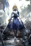  after_battle ahoge armor artoria_pendragon_(all) blonde_hair blood cloud cloudy_sky dress excalibur fate/stay_night fate_(series) flag green_eyes looking_at_viewer md5_mismatch nine_(liuyuhao1992) rain saber sad sky solo standard_bearer sword torn_clothes weapon 
