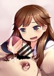  1girl anal_fingering arashio_(kantai_collection) bar_censor blush brown_eyes brown_hair censored clothed_female_nude_male cum femdom fingering gigokku handjob hetero highres kantai_collection long_hair nude open_mouth penis prostate_milking school_uniform smile solo_focus suspenders 