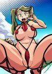  absurdres big-d bikini blush breasts brown_eyes brown_hair candy detached_collar food from_below gundam gundam_build_fighters gundam_build_fighters_try highres large_breasts lollipop long_hair micro_bikini navel open_mouth partially_visible_vulva plump saliva saliva_trail sandals sazaki_kaoruko scrunchie slingshot_swimsuit solo squatting sweat swimsuit tongue tongue_out twintails underboob wedgie 