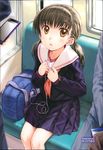  bag child digital_media_player earbuds earphones focke_wulf iphone looking_at_viewer phone school_uniform serafuku short_twintails sitting skirt smartphone solo_focus train train_interior twintails yellow_eyes 