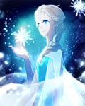  achiki bad_id bad_pixiv_id blonde_hair blue_eyes braid dress elsa_(frozen) frozen_(disney) hair_over_shoulder single_braid sketch smile snow snowflakes solo 