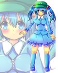  bad_id bad_pixiv_id blue_eyes blue_hair chocolat_(momoiro_piano) hair_bobbles hair_ornament hat kawashiro_nitori looking_at_viewer solo touhou two_side_up zoom_layer 