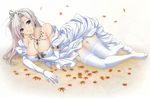  absurdres blue_eyes breasts charlotte_hazellink cleavage dress elbow_gloves garter_straps gloves grey_hair highres komori_kei lace lace-trimmed_thighhighs large_breasts leaf lying maple_leaf on_side princess_lover thighhighs tiara wedding_dress white_gloves white_legwear 