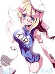 blonde_hair blue_eyes breasts glasses hat i-8_(kantai_collection) kantai_collection large_breasts long_hair miuku_(marine_sapphire) name_tag one-piece_swimsuit school_swimsuit solo swimsuit thighhighs white_legwear 