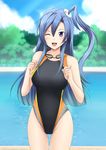  ;d alternate_costume bangs bare_shoulders black_swimsuit blue_hair blurry blush breasts bush chain-link_fence clenched_hands cloud competition_swimsuit covered_navel cowboy_shot day depth_of_field fence fuuma_nagi goggles goggles_around_neck hair_between_eyes hair_ornament highleg highleg_swimsuit kazanari_tsubasa large_breasts light_rays long_hair looking_at_viewer one-piece_swimsuit one_eye_closed one_side_up open_mouth outdoors pool poolside purple_eyes senki_zesshou_symphogear sidelocks sky smile solo standing sunbeam sunlight swimsuit tree water 