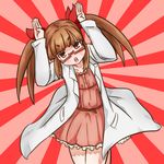  :o arms_up belt blush brown_hair cowboy_shot dress glasses head_tilt idolmaster idolmaster_cinderella_girls ikebukuro_akiha labcoat long_sleeves looking_at_viewer pose red-framed_eyewear red_background red_dress semi-rimless_eyewear simple_background solo standing teeth twintails under-rim_eyewear 