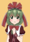  anime_coloring bad_id bad_pixiv_id bow dress front_ponytail green_eyes green_hair hair_bow hair_ribbon hand_on_own_chest highres kagiyama_hina long_hair looking_at_viewer mikomiko_(mikomikosu) orange_background red_dress ribbon short_sleeves simple_background smile solo square_mouth touhou upper_body wrist_ribbon 