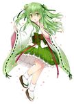  bangs commentary_request floral_print flower full_body green_eyes green_hair green_skirt hair_flower hair_ornament hair_ribbon highres japanese_clothes kuronohana long_hair long_sleeves looking_at_viewer open_mouth original pleated_skirt ribbon ribbon-trimmed_sleeves ribbon_trim sandals sash skirt solo tabi wide_sleeves 