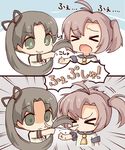  &gt;:) &gt;_&lt; ahoge ayanami_(kantai_collection) brown_hair chibi closed_eyes empty_eyes green_eyes kantai_collection kata_meguma kinugasa_(kantai_collection) multiple_girls purple_hair school_uniform serafuku shaded_face side_ponytail smile sneezing snot snot_trail translated twintails v-shaped_eyebrows 