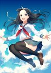  :d achiki bad_id bad_pixiv_id black_eyes black_hair black_legwear cloud day jumping loafers long_hair looking_at_viewer open_mouth original shoes skirt sky smile solo thighhighs 