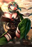  alternate_breast_size anti-materiel_rifle blue_eyes breasts chaps fingerless_gloves gloves green_hair gun highres huge_breasts inago pgm_hecate_ii rifle short_hair short_shorts shorts sinon sniper_rifle squatting sword_art_online weapon 