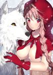  blush braid breasts covered_nipples gloves hair_over_shoulder hood large_breasts long_hair looking_at_viewer matarou_(genkai_toppa) naked_hood original parted_lips pink_hair red_eyes red_gloves solo twin_braids wolf 