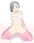  black_hair bottomless bra breasts brown_eyes hayyan mirror navel no_pussy off_shoulder open_clothes open_shirt original shirt short_hair small_breasts solo spread_legs strap_slip thighhighs underwear underwear_only white_bra 