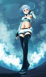  alpha_(acerailgun) android artist_name blue_hair boots borrowed_character cloud doll_joints elbow_gloves fingerless_gloves full_body gloves navel original pink_eyes planet roguetwo short_shorts shorts sky solo thigh_boots thighhighs 