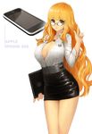  apple_inc. black-framed_eyewear breasts brown_eyes cellphone cleavage commentary_request glasses highres index_finger_raised iphone large_breasts long_hair meto31 orange_hair original pencil_skirt personification phone skirt smartphone solo wavy_hair 