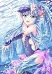  :d air_bubble blue_eyes blue_hair bubble gem hair_ornament head_fins long_hair looking_at_viewer open_mouth original ponytail smile solo submerged underwater villyane 
