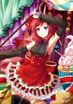  artist_name black_legwear candy_wrapper cookie cupcake detached_sleeves food fruit hair_ornament hair_ribbon holding ice_cream looking_at_viewer love_live! love_live!_school_idol_project macaron nishikino_maki pocky purple_eyes red_hair ribbon short_hair smile solo staff star strawberry thighhighs villyane wafer_stick zettai_ryouiki 