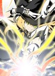  blonde_hair bow hand_on_headwear hand_up hat holding kirisame_marisa long_hair master_spark mutsuki_riichi ribbon smile solo touhou witch_hat yellow_eyes 