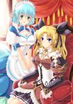  :d aqua_eyes armchair blonde_hair blue_eyes blue_hair chair hair_ornament hair_ribbon liliane_vehlendorf long_hair looking_at_viewer maid maid_headdress mana_khemia_(series) mana_khemia_2 multiple_girls open_mouth ribbon short_hair sitting smile two_side_up v_arms villyane wuim_(mana_khemia) 