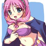  bad_id bad_pixiv_id blue_background blue_eyes bra breasts cape cleavage earrings front_ponytail hairband jewelry kazushima large_breasts long_hair midriff navel pink_hair purple_bra shirayuki_maho smile solo tokimeki_memorial tokimeki_memorial_2 underwear 