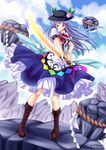  blue_hair hat highres hinanawi_tenshi holding keystone long_hair looking_at_viewer red_eyes smile solo sword sword_of_hisou touhou villyane weapon wind 