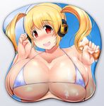  :d areola_slip areolae bangs bikini blonde_hair blush breast_mousepad breasts bursting_breasts cleavage clenched_hand cloud covered_nipples day embarrassed happy headphones highres holding huge_breasts looking_at_viewer micro_bikini mousepad navel nitroplus niu_ju_(orange_bull) nose_blush open_mouth outdoors plump short_hair sideboob skindentation sky smile solo sponge strap_gap string_bikini super_pochaco swimsuit twintails underboob upper_body wet white_bikini 