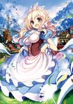  :d akabane_(zebrasmise) bad_id bad_pixiv_id blonde_hair blue_eyes blurry breasts building cleavage depth_of_field flower large_breasts long_hair looking_at_viewer open_mouth original skirt skirt_lift smile solo windmill 