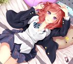  blazer blush cameo cowboy_shot digital_media_player jacket looking_at_viewer love_live! love_live!_school_idol_project lying minami_kotori_(bird) narushima_kanna nishikino_maki on_back on_bed otonokizaka_school_uniform purple_eyes red_hair school_uniform short_hair skirt solo yazawa_nico 