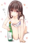  alcohol all_fours bangs bare_shoulders beer black_hair bottle breasts camisole collarbone downblouse kneeling long_hair looking_at_viewer off_shoulder open_mouth original purple_eyes sake sake_bottle simple_background small_breasts solo strap_slip yadapot 