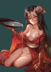  alcohol black_hair blush breasts cup flower hair_flower hair_ornament horns japanese_clothes nipples open_clothes original pale_skin pouring saber_01 sakazuki sake sitting small_breasts smile solo wakamezake 