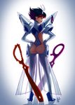  ass back black_hair blue_eyes hakama hands_on_hips japanese_clothes junketsu kajin_(kajinman) kill_la_kill looking_back matoi_ryuuko multicolored_hair planted_weapon red_hair revealing_clothes scissor_blade smile solo sword thong two-tone_hair weapon white_hakama 