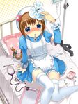  animal_print apron arm_support bed blue_eyes blush braid brown_hair bunny_print clipboard dress fever hat highres ice ice_pack intravenous_drip long_hair long_sleeves nose_blush nurse_cap original pill pillow single_braid sitting solo stethoscope takeda_mika thermometer thighhighs 
