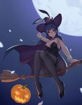  animal_ears bow bowtie broom broom_riding bunny_ears bunnysuit cape ears_through_headwear full_moon glasses halloween hand_on_headwear hand_up hat highres jack-o'-lantern long_hair moon original pantyhose riding shouye_ying sidesaddle sitting smile thigh_strap witch_hat wrist_cuffs 